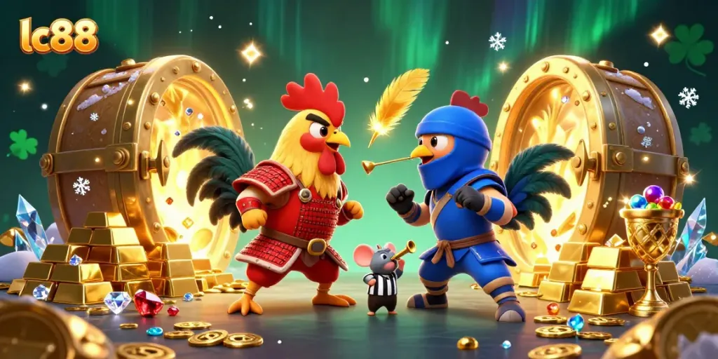 Experience an exciting lc88 casino showdown with fighting roosters amidst treasures and vibrant visuals.