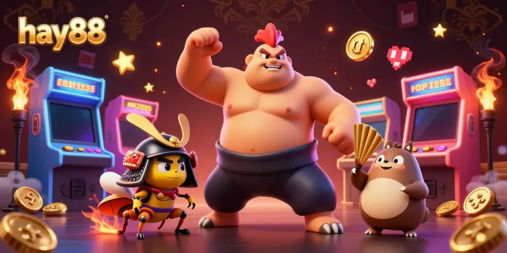 Play games at hay88 with a powerful sumo wrestler, fierce cricket, and announcing tanuki amidst vibrant casino elements.