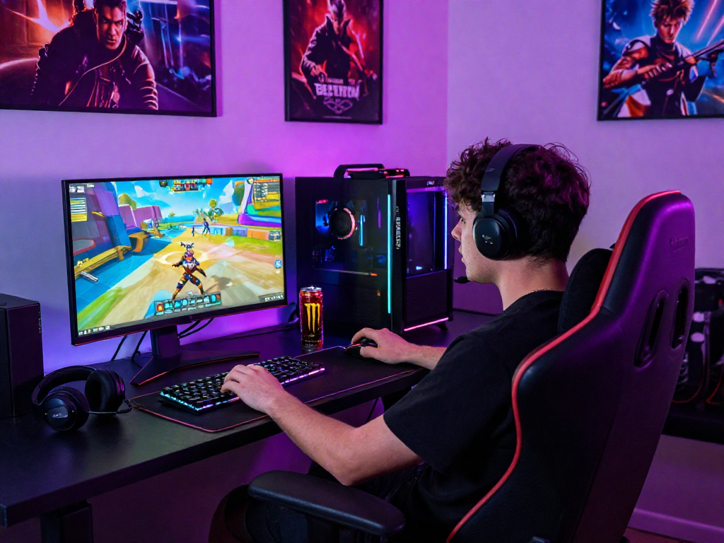 Player immersed in online porn games at a colorful gaming setup, showcasing vibrant graphics and modern peripherals.