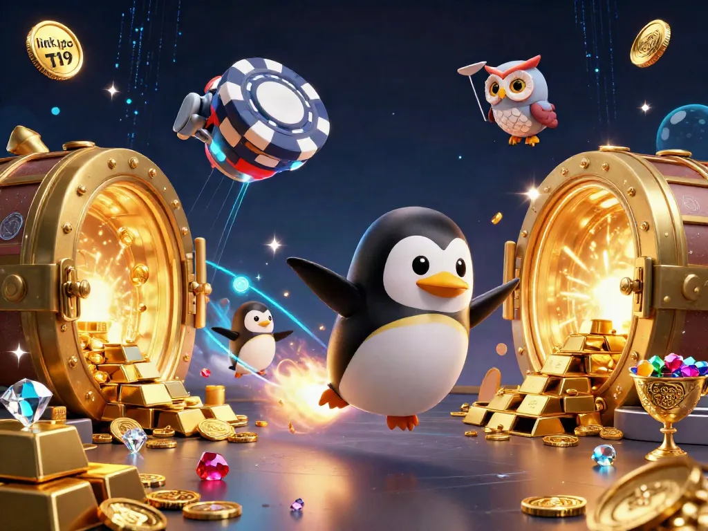 Experience thrilling games with link vào T19 as a golden penguin soars through space towards a dazzling casino.
