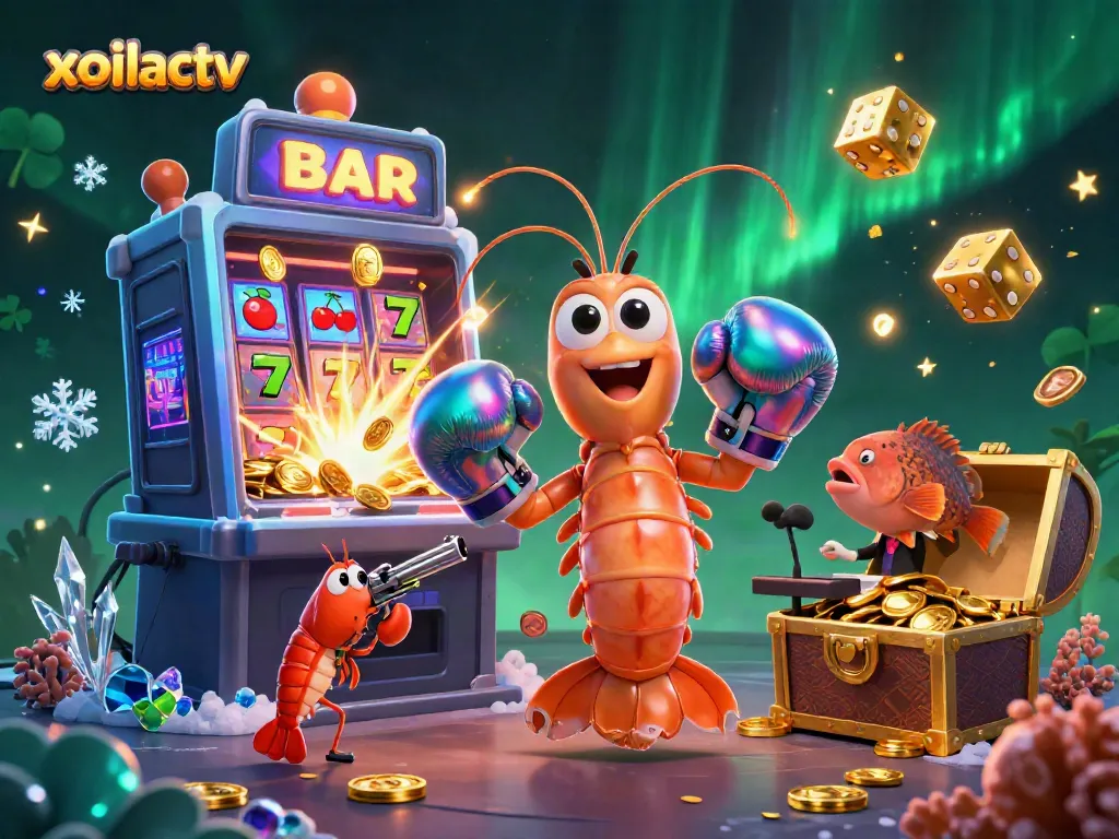 Xoilactv showcases 3D characters celebrating a jackpot in a vibrant casino scene with colorful elements.