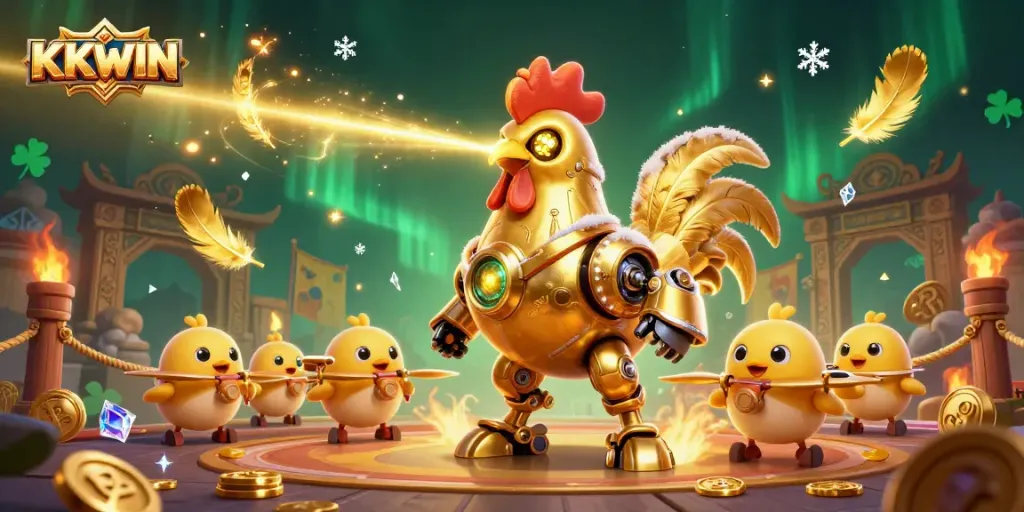 Bet on luck and fortune with KKWIN at this vibrant casino showdown featuring a golden rooster robot.