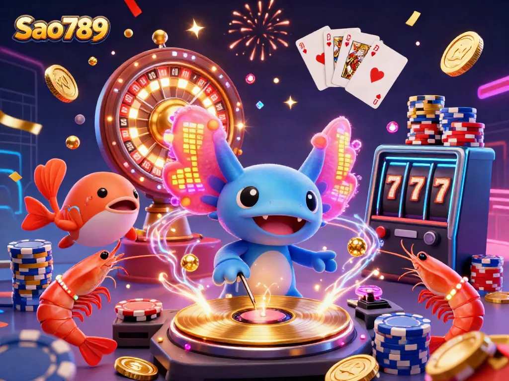 Sao789 offers a vibrant underwater casino party scene with colorful characters and animated casino elements.