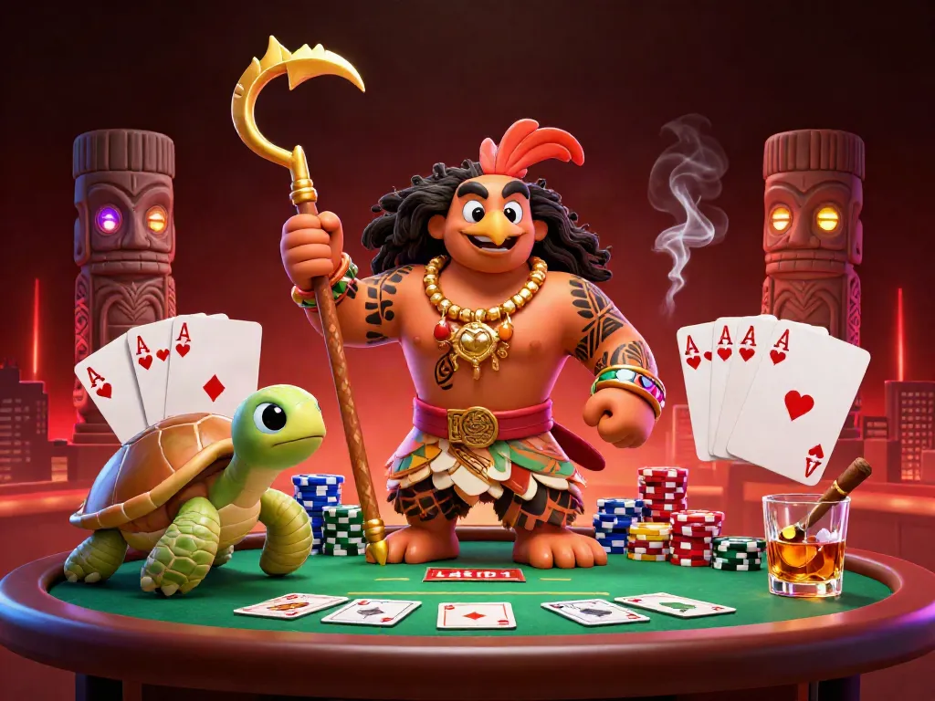 Engage with LC88's casino magic featuring a demigod hawk, poker elements, and bright tiki statues.