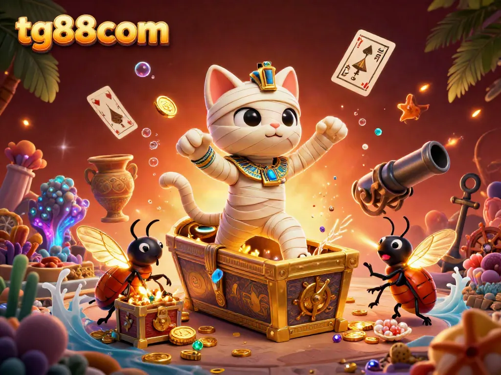 Join the excitement at tg88com as the mummy cat bursts from a golden sarcophagus amidst casino treasures.