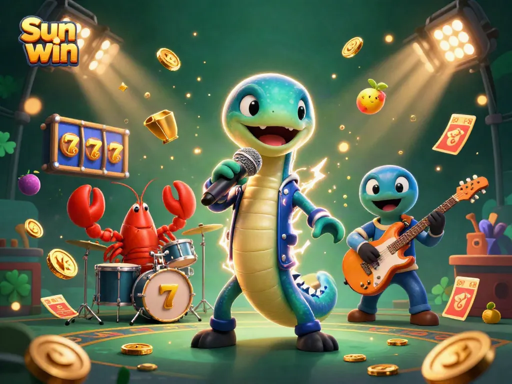 Experience the thrill of gaming with Sun win's vibrant underwater casino scene featuring an electric eel DJ and dynamic casino elements.