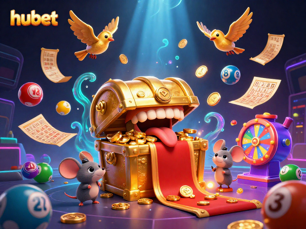 Engage with hubet's irresistible prize offerings featuring a dynamic 3D treasure chest and lottery excitement.