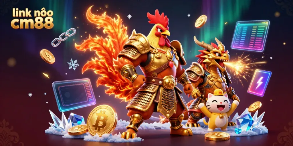 Engage with link vào cm88 through an exciting 3D scene featuring a fighting rooster, dragon hatchling, and gold coins.