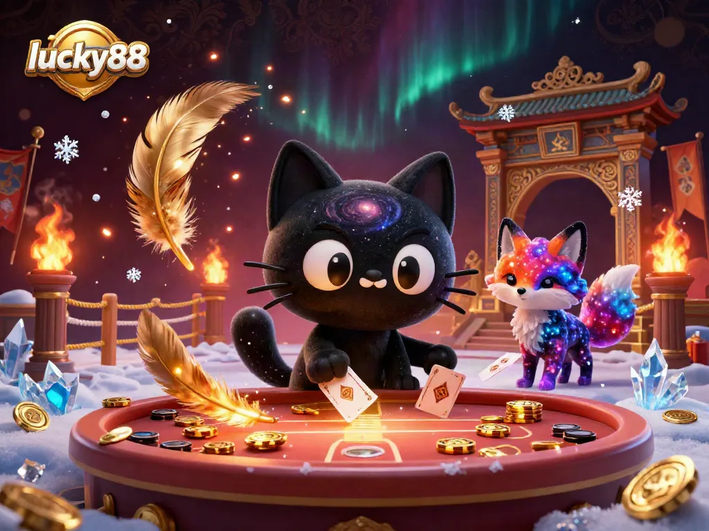 Experience thrilling gameplay at lucky88, where a cosmic cat and a colorful fox interact in an immersive casino setting.