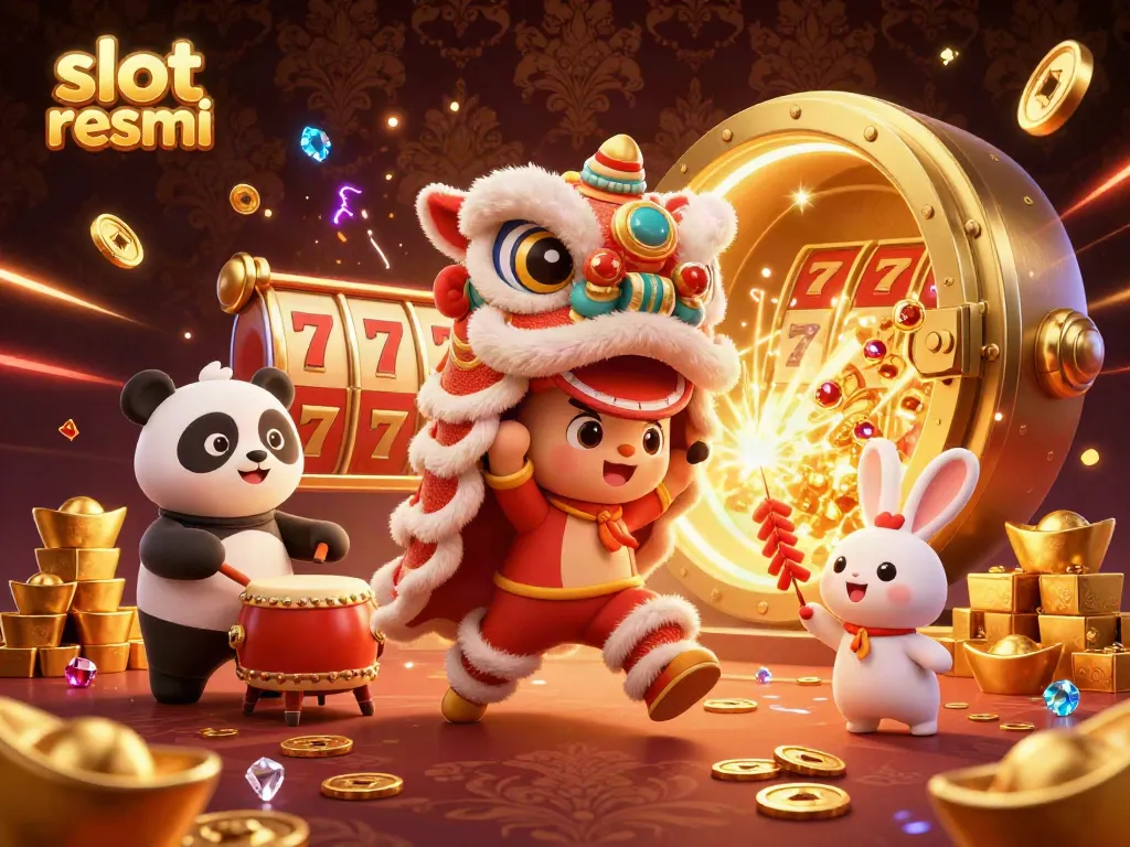 Engaging slot resmi illustration with lively characters celebrating wins amidst gold bars and jewels.