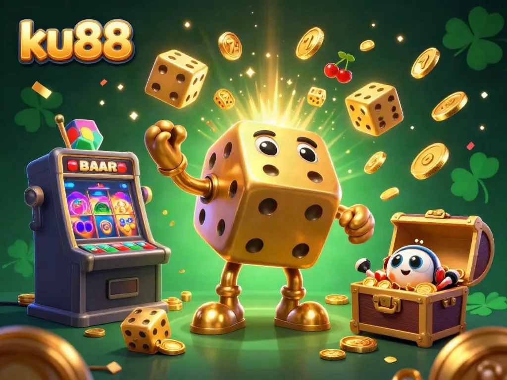 Engage with ku88's vibrant casino world, featuring a golden dice golem and jackpot explosions.