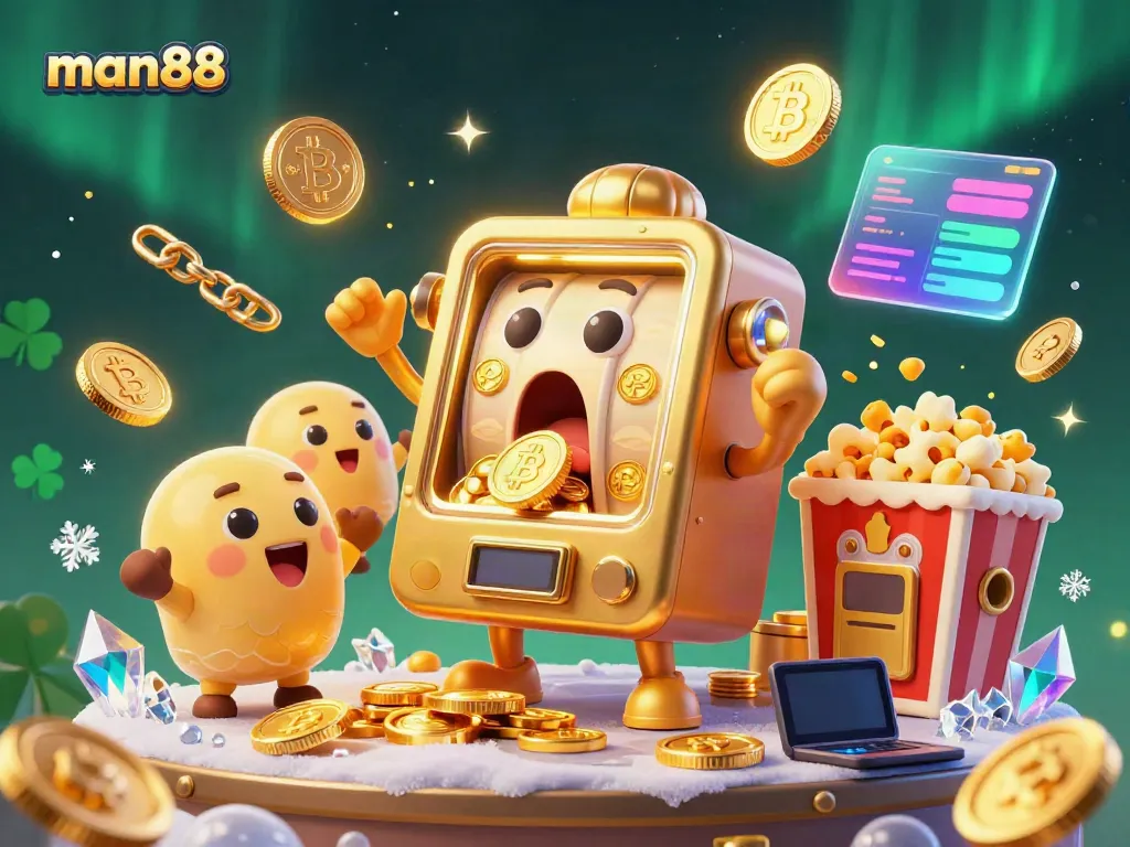 Experience the excitement of winning with man88 as a cartoon slot machine hits a jackpot surrounded by cheering elements.
