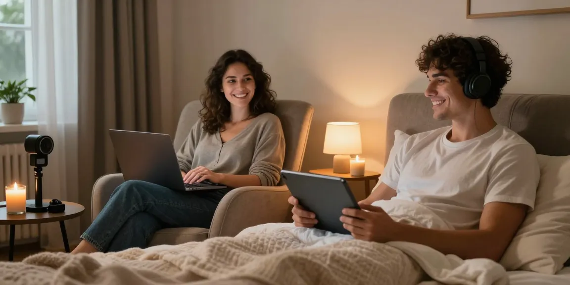 Couple enjoying an ai sex chat, connecting digitally in cozy settings with warm lighting and romantic ambiance.