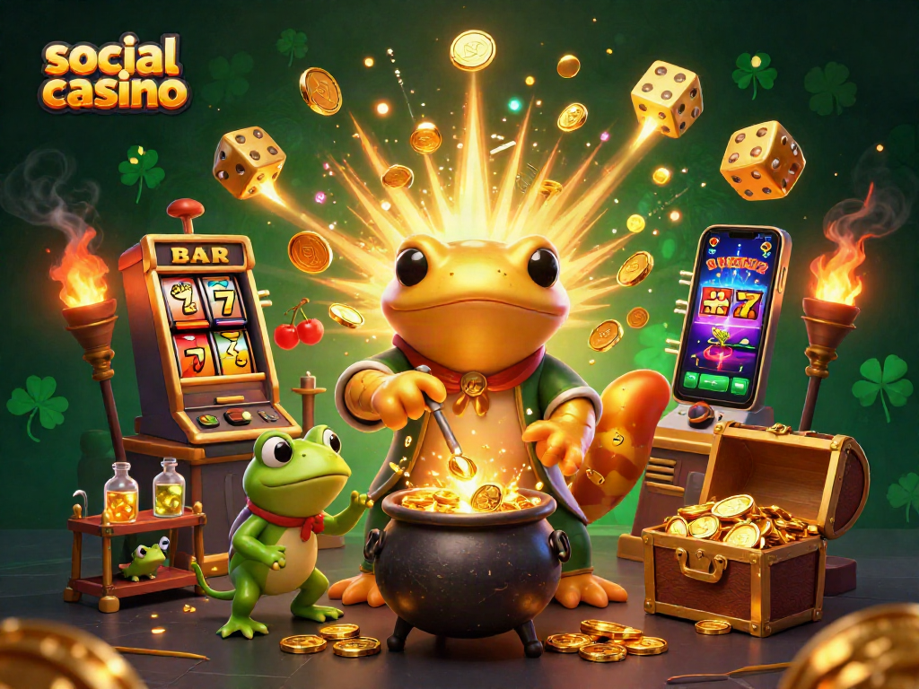 Experience thrilling gameplay in a social casino scene with alchemists, slots, and gold coins.