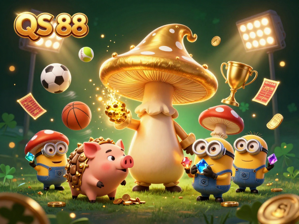 Engage in thrilling slots and jackpots at QS 88 with a dynamic scene of winning characters and symbols.