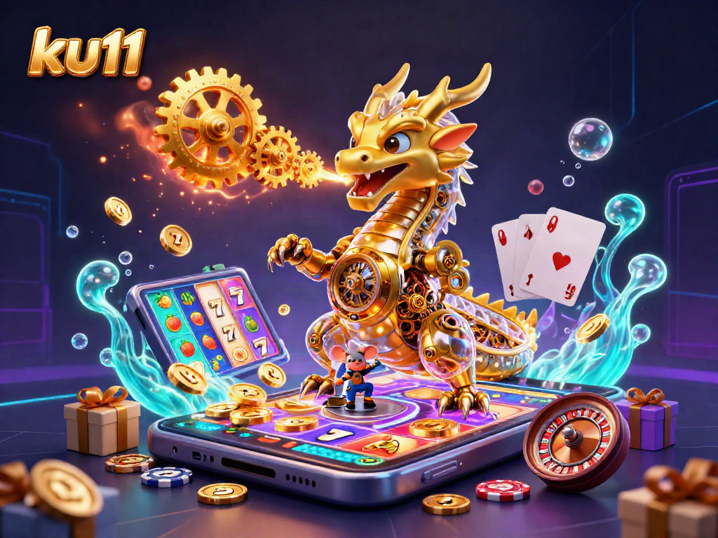 ku11 showcases a golden dragon with gears amidst vibrant slot game elements for engaging casino excitement.
