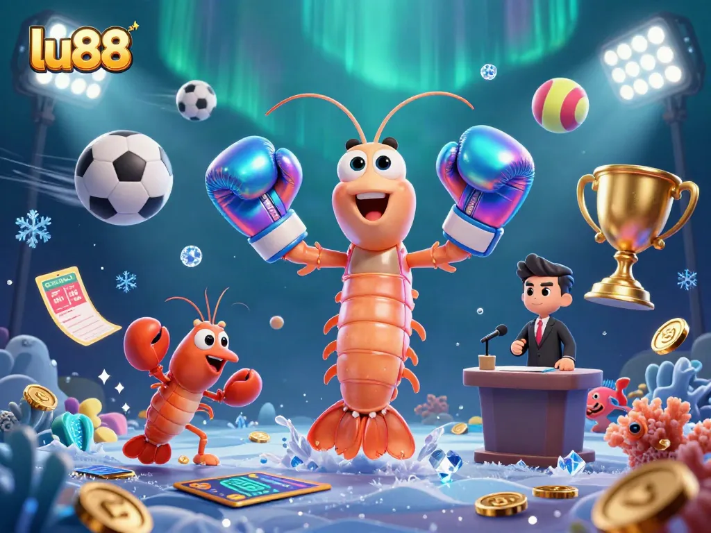 Engage with the thrilling world of lu88 as a mantis shrimp celebrates victories in a vibrant casino underwater.
