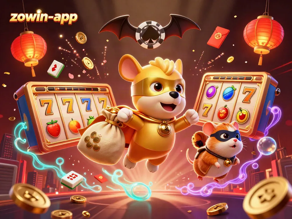 Experience gaming thrill at zowin-app with a dynamic 3D illustration of a superhero dog.