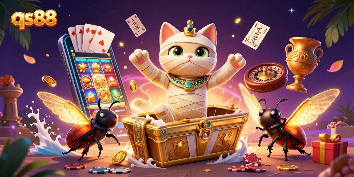 Experience the excitement of qs88 poker with a vibrant casino scene featuring a mummy cat and golden elements.