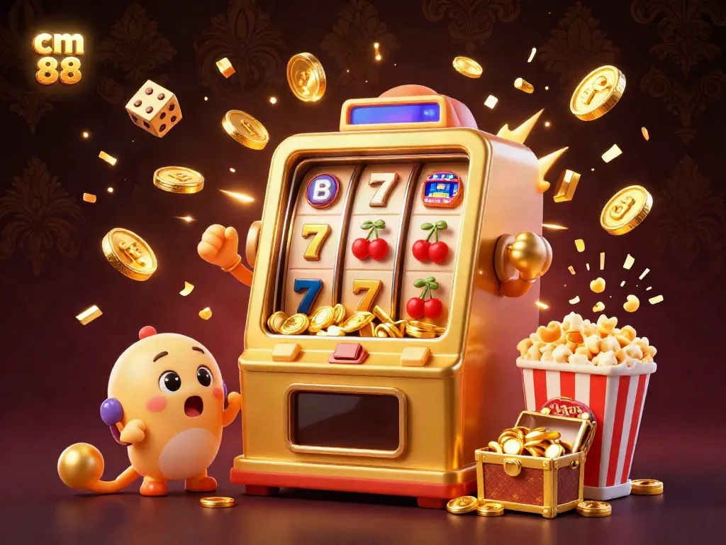 Experience thrilling wins with cm 88, featuring jubilant slot machines and gold coins bursting in celebration.