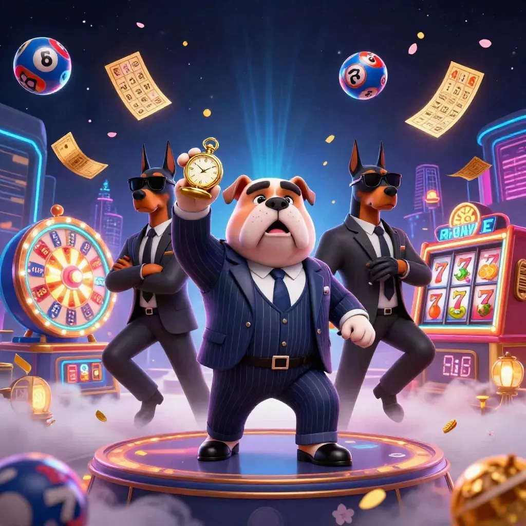 Mafia bulldog and doberman guards amid neon casino magic, lottery balls, reels, petals