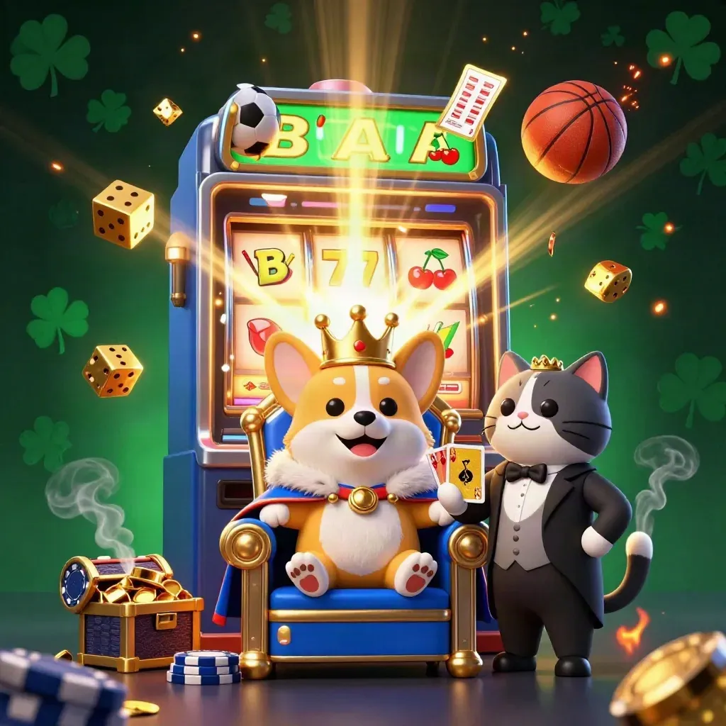 Crowned corgi and cat butler amid flying sports balls, slot symbols, gold, and casino light.