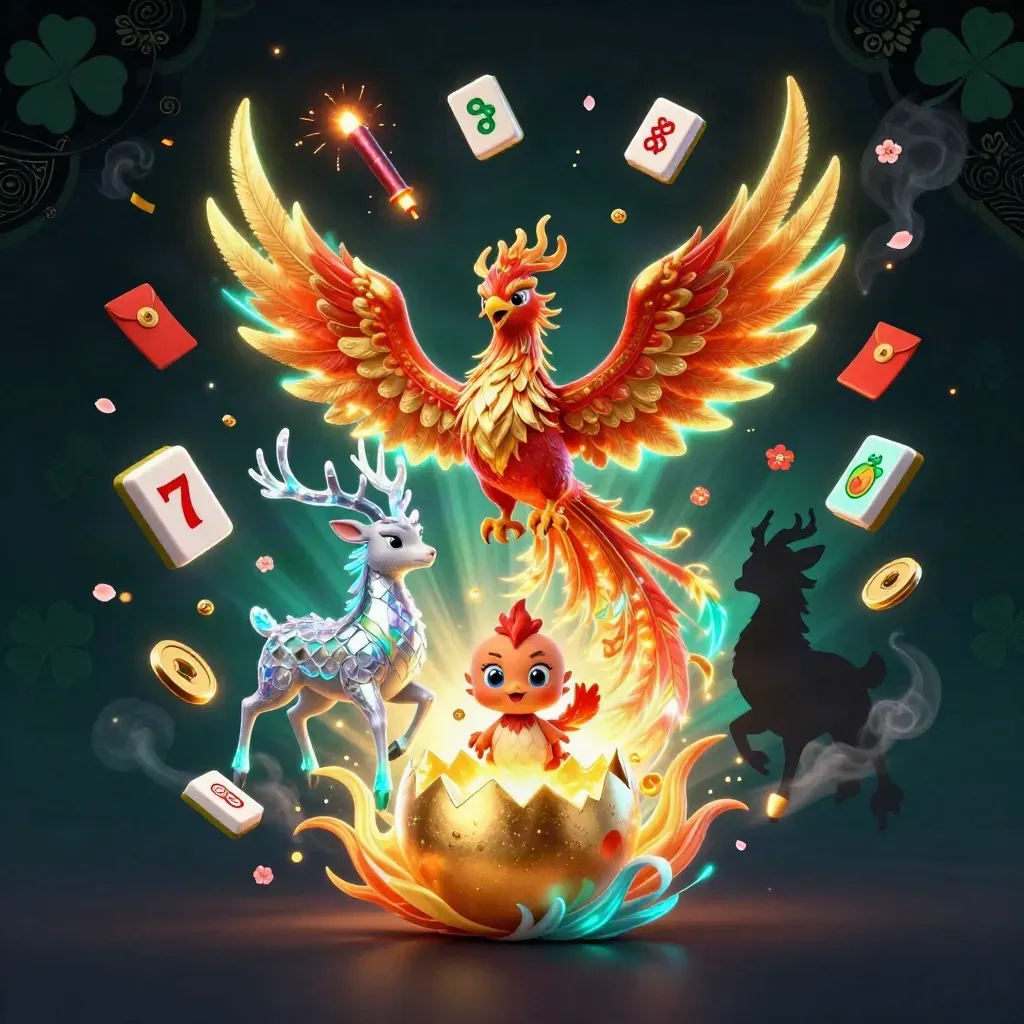 Phoenix, hatching chick, and crystal stag amid casino symbols and neon god-rays on a dark cosmic background.