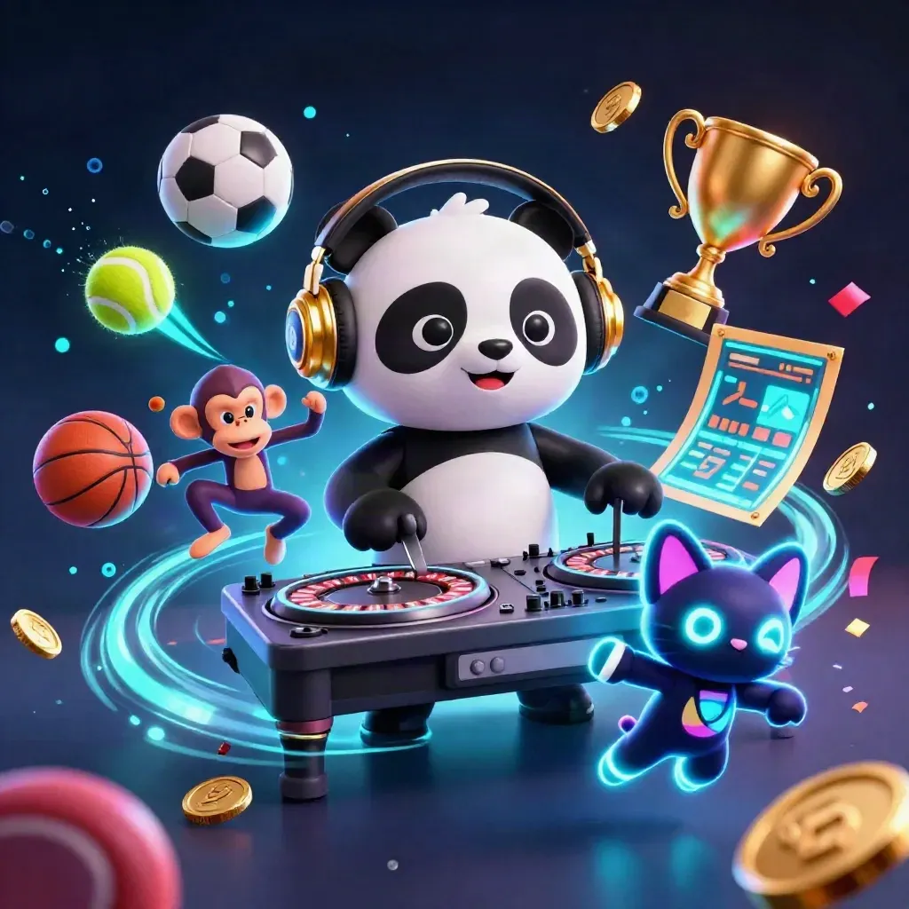 DJ panda, monkey, and glow-stick kitten with flying sports balls, coins, and neon casino lights