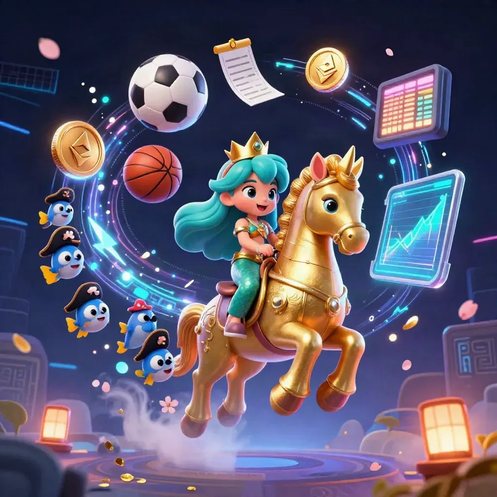 Mermaid princess on a gold seahorse amid crypto coins, sports balls, and neon casino energy.