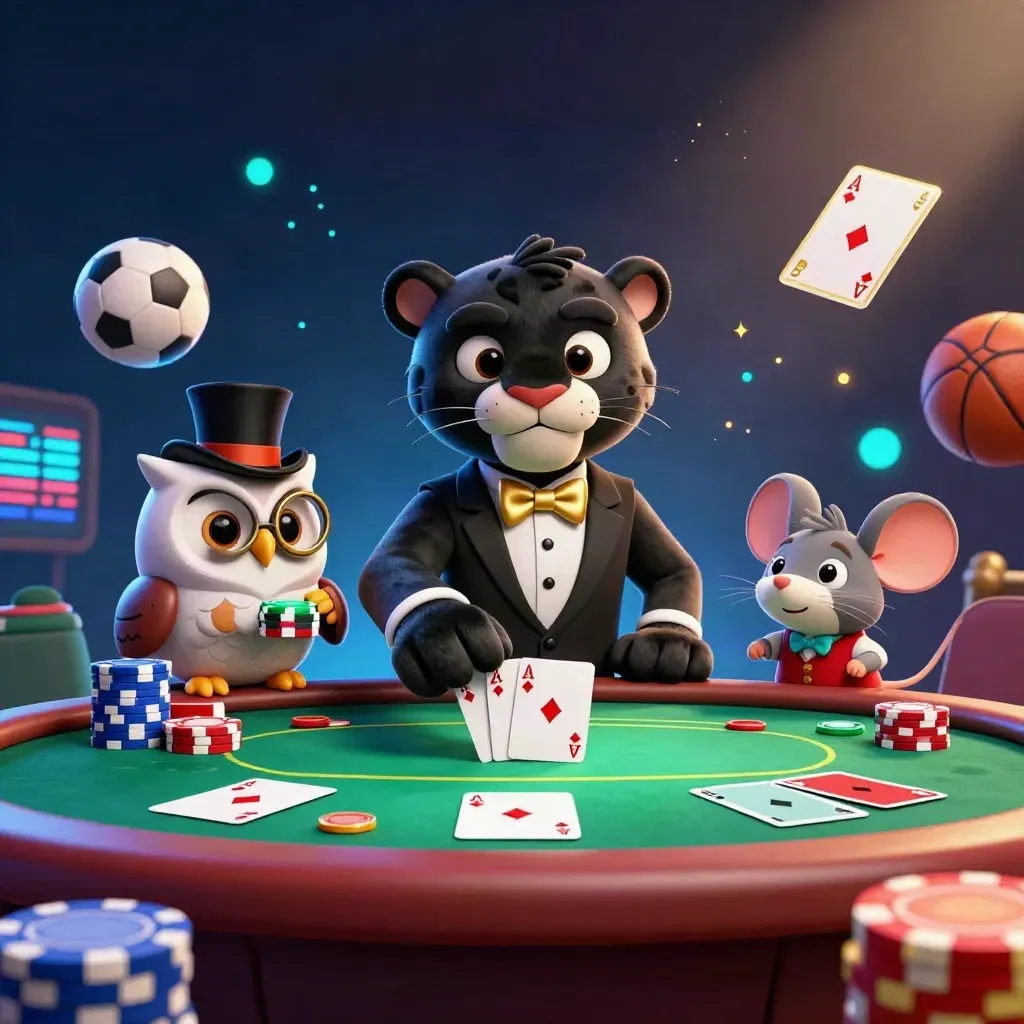 Panther, owl and mouse in a cosmic casino scene with cards, chips, balls and glowing light.