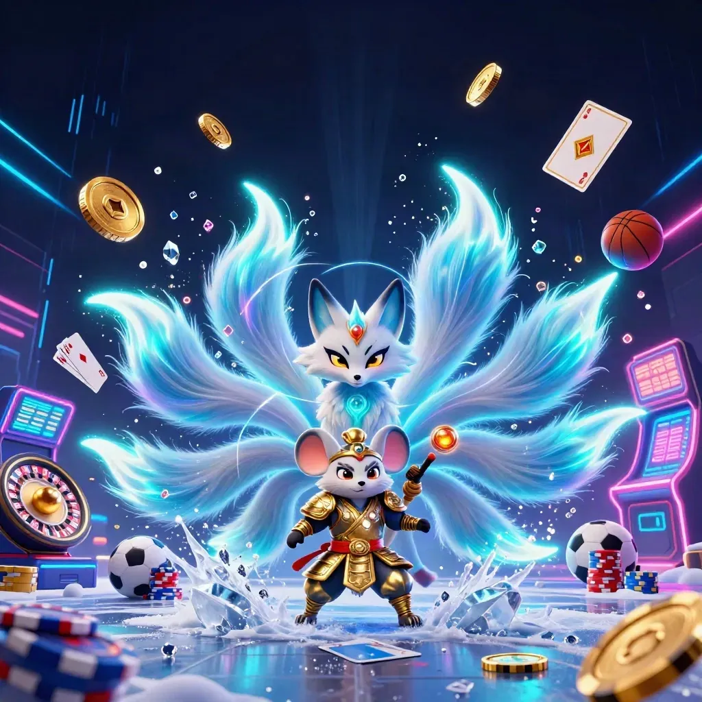 Neon fox spirit and golden mouse amid casino symbols, balls, chips, and electric light.