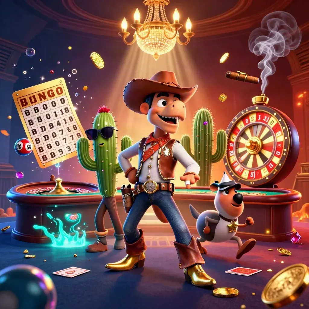 Cartoon cowboy T-Rex, cactus, and roadrunner in a glowing cosmic casino splash scene.