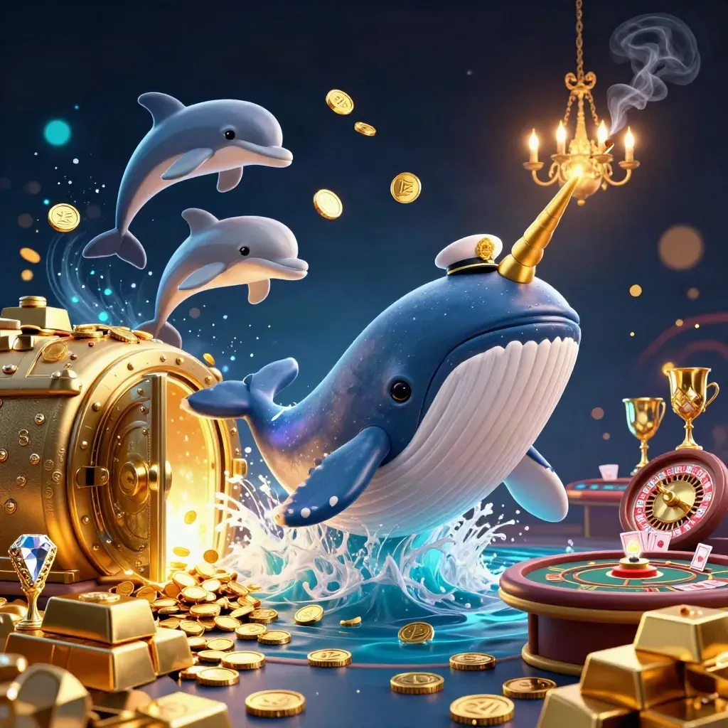 Whale captain and narwhal in a cosmic casino sea of coins, gold, gems, and vault light