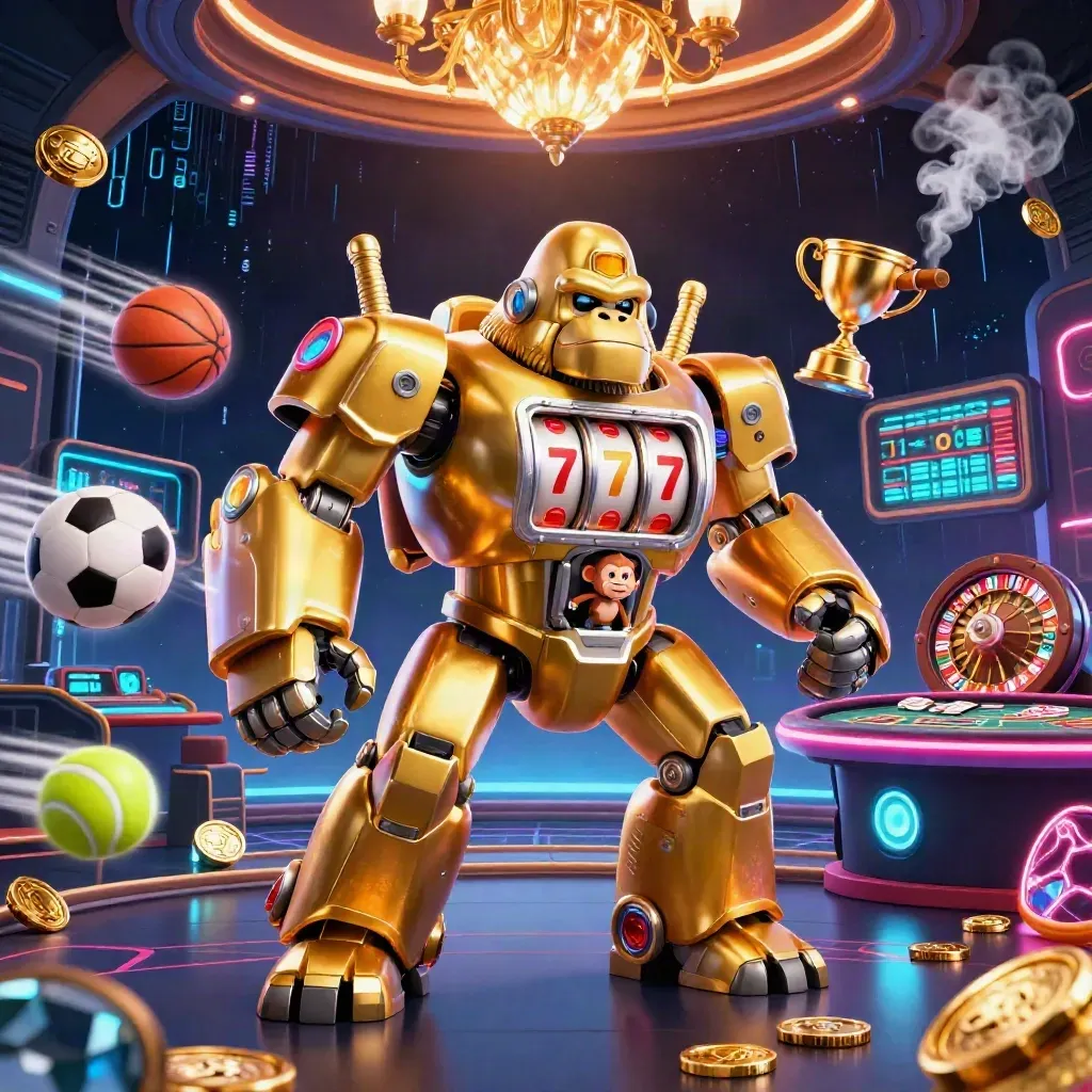 Golden gorilla mech and monkey pilot in a cosmic casino room with reels, balls, coins, and neon energy.