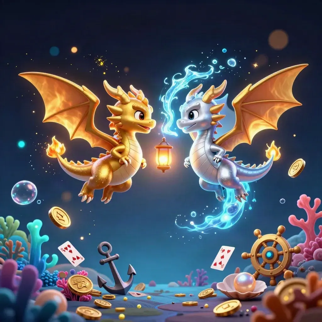 Two intertwined dragon mascots with a lantern spirit amid treasure, coral, and glowing casino fantasy.