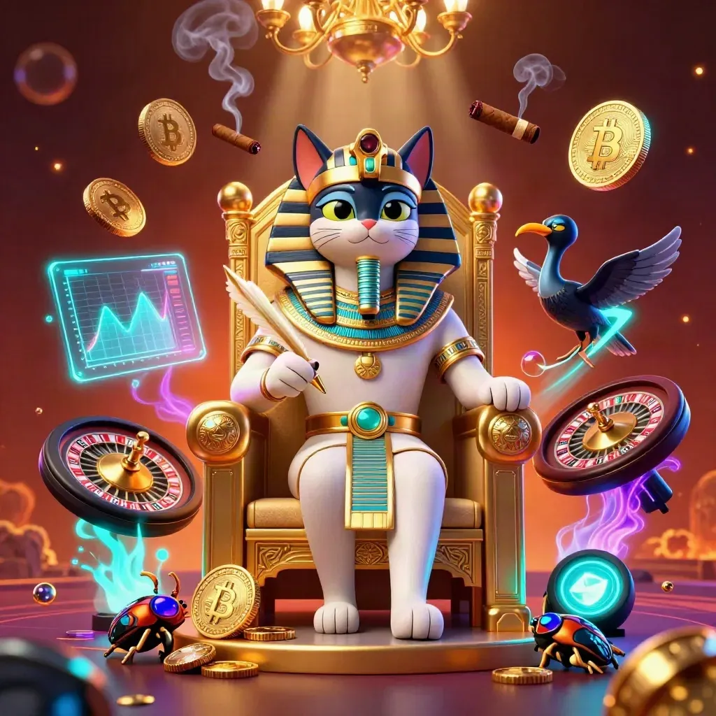 Pharaoh cat on golden throne with ibis scribe, scarab wings, neon coins, and cosmic casino glow.