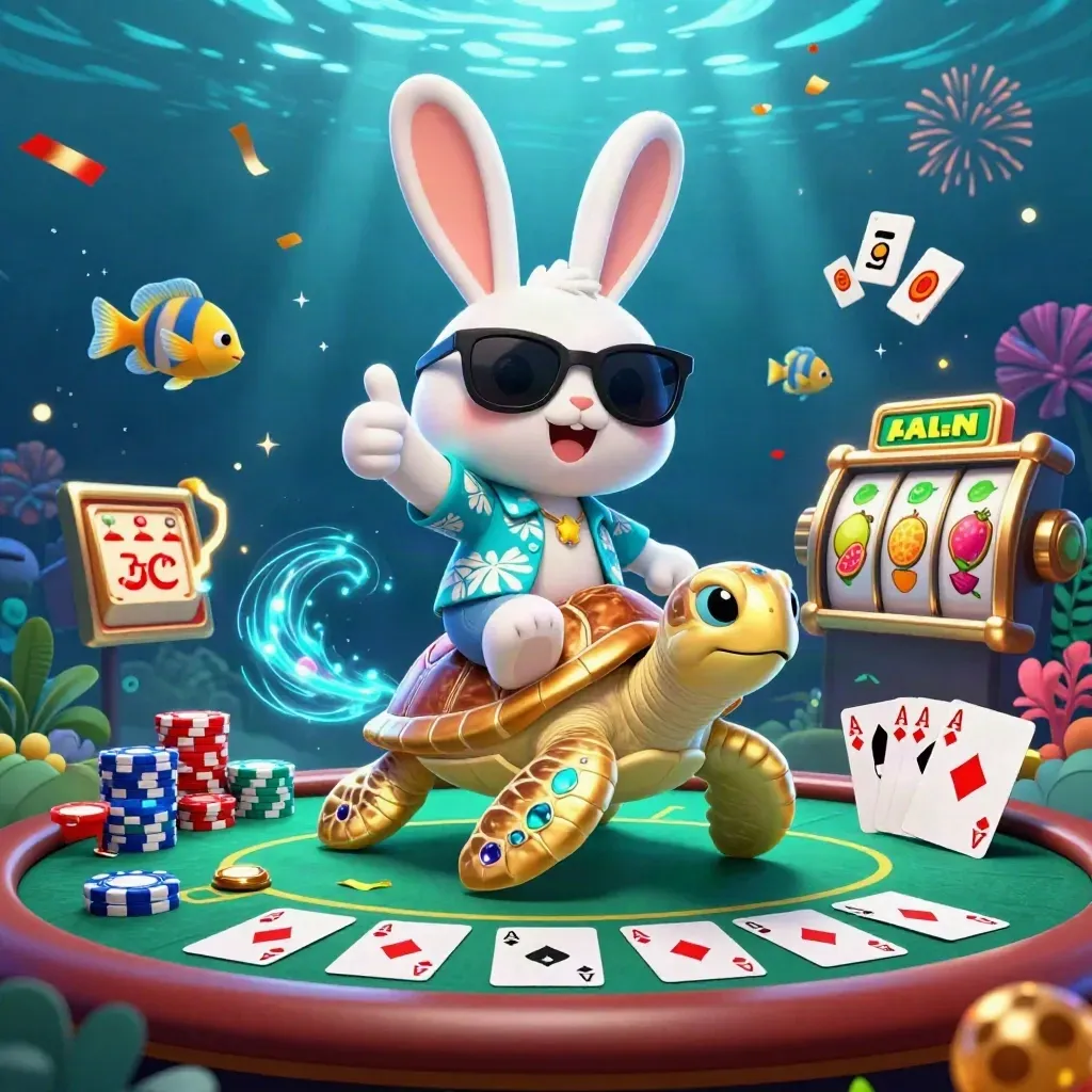 Lucky rabbit rides jeweled sea turtle amid casino chips, cards, and neon underwater effects.