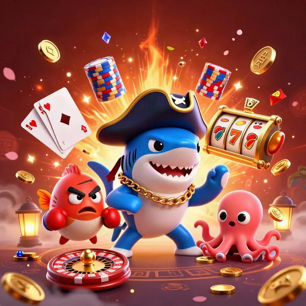 Shark pirate, red pufferfish, and baby octopus amid coins, gems, chips, and glowing casino effects.