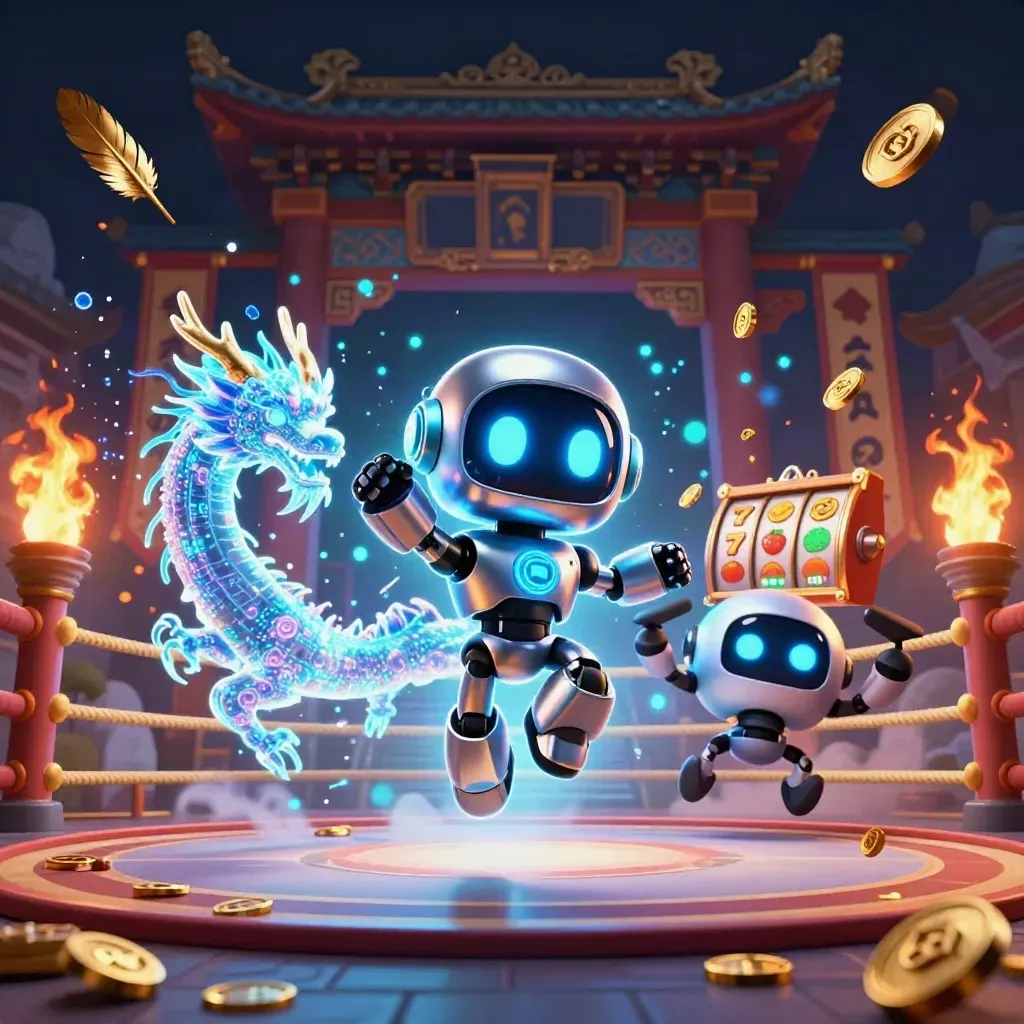 Cyberpunk robot, holographic dragon, and coin drone burst through a torch-lit temple ring