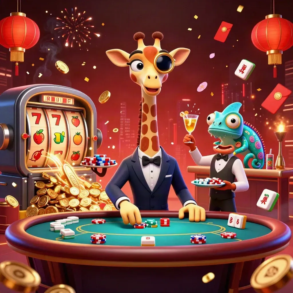 Luxury cartoon giraffe, monkey valet and chameleon bartender amid coins, fireworks and casino symbols