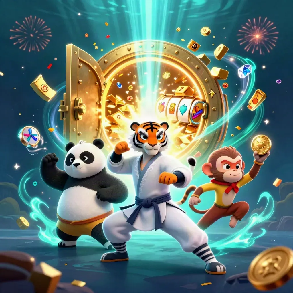 Kung-fu tiger, panda, and monkey burst from a treasure vault with cyan magic and casino gems.
