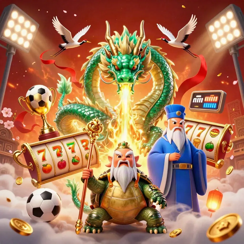 Jade dragon, turtle sage, and cranes amid casino sports power bursts and gold coins.
