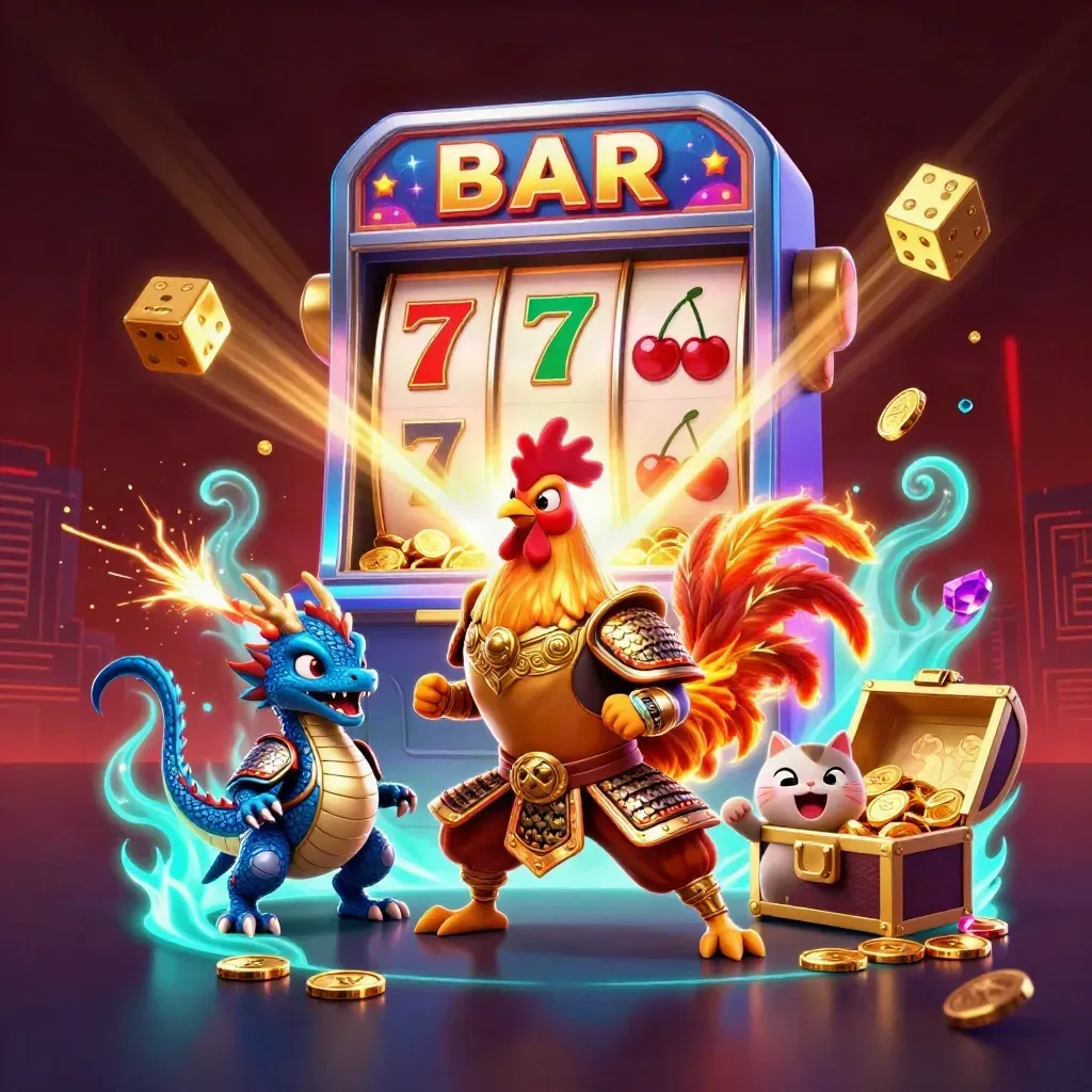 Rooster warrior, dragon hatchling and fortune-cat amid bursting slots, gold, and neon casino light.