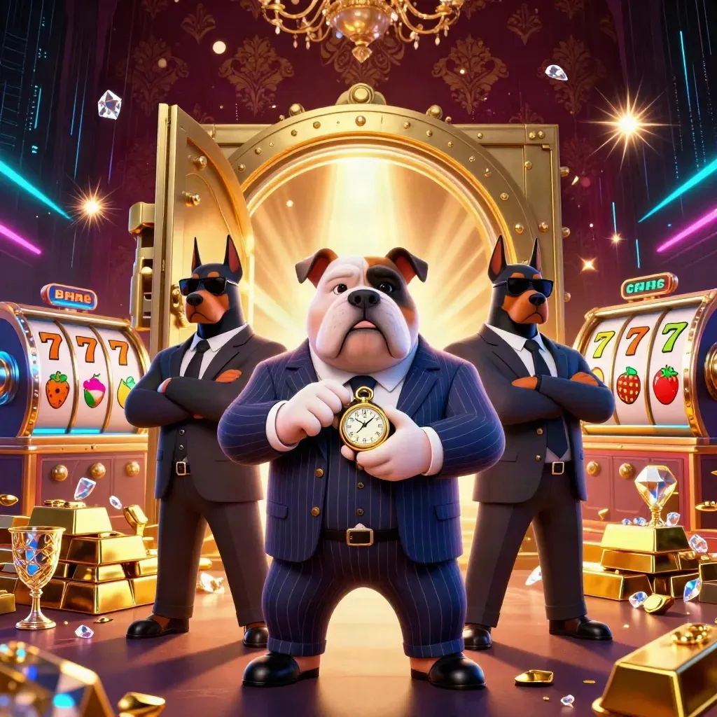 Bulldog crime boss and two Dobermans before a glowing vault with gold, gems, and slot symbols.