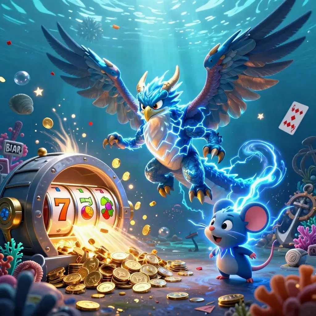 Thunder dragon, wind hawk, and thunder-mouse amid coins, reels, coral, and underwater lightning.