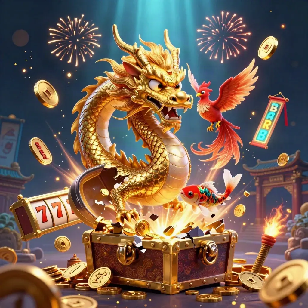 Golden dragon, phoenix, koi, coins and slot symbols bursting in a cosmic casino scene.