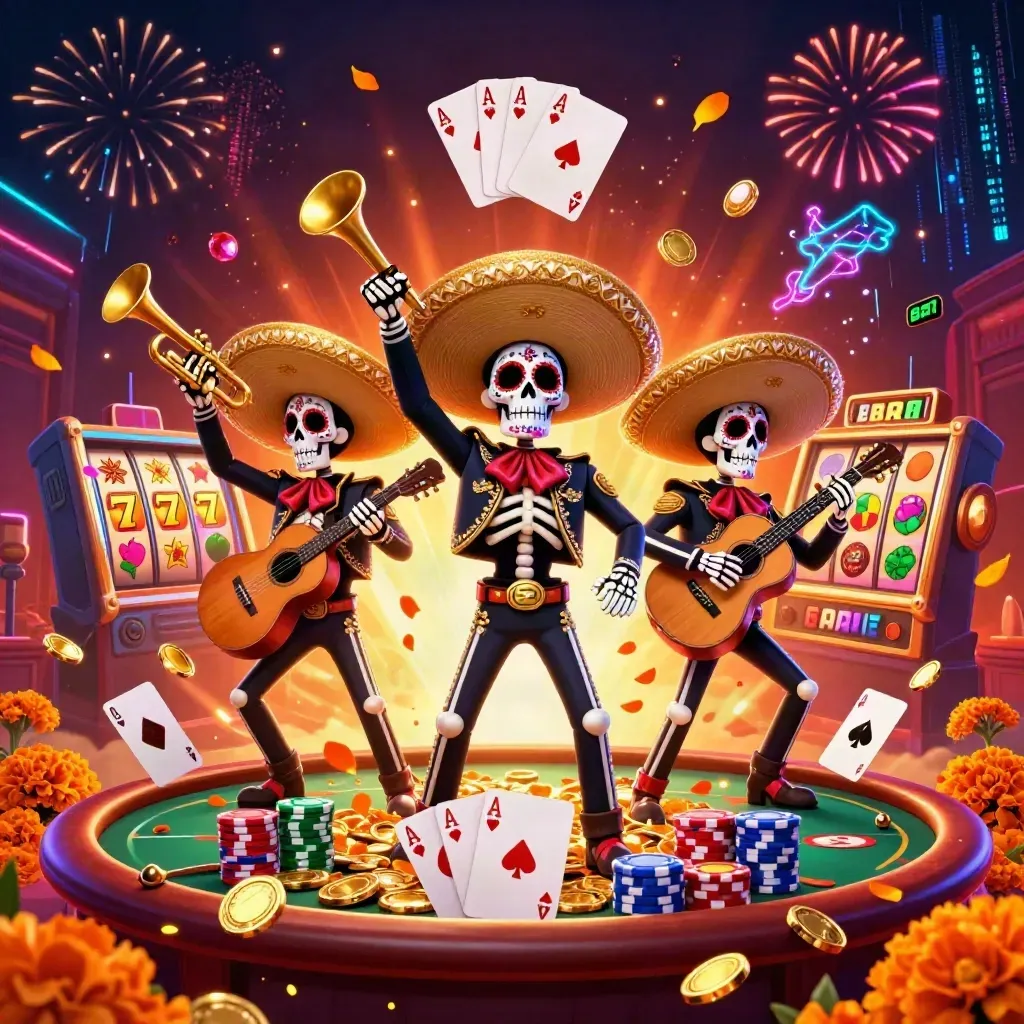 Festive skeleton mariachi trio with coins, poker chips, reels, and fireworks in a cosmic casino burst.