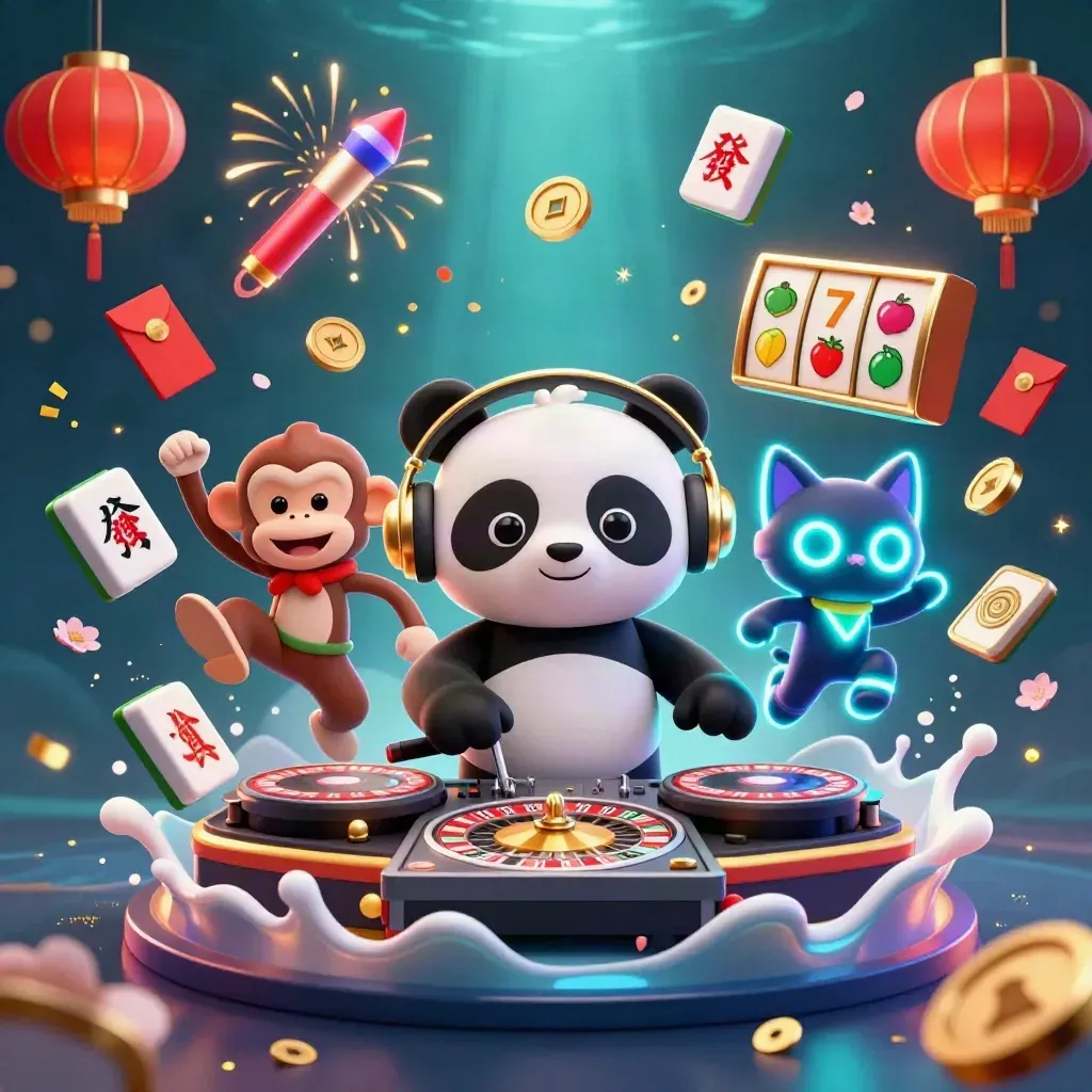 DJ panda, monkey, and rave kitten amid casino symbols and glowing underwater light