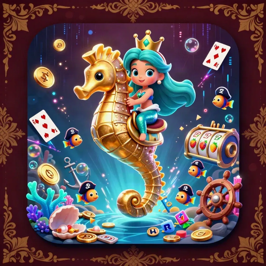 Mermaid princess on a gold seahorse amid fish, coins, coral, reels, and neon casino magic.