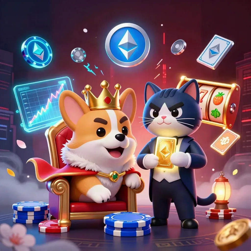 Royal corgi and cat butler amid glowing casino coins, reels, lightning, and cosmic effects.